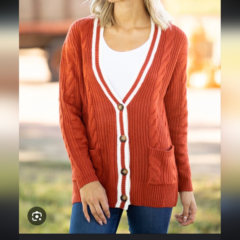 Orange Cable Knit Cardigan with White Trim